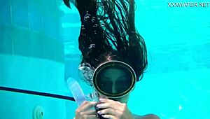 Nora Shmandora performs underwater self-sex with a purple dildo in the pool, naked and using toys.