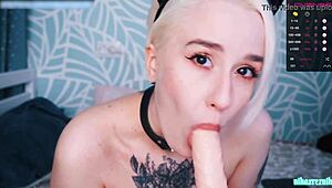 short hair blonde casually sucks on her dildo at college.