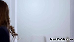 Hot babe with small tits rides big cock cowgirl style in dean's office