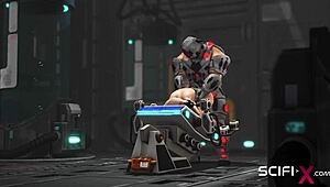Sci-fi cyborg interacts with young hottie in lab restraints