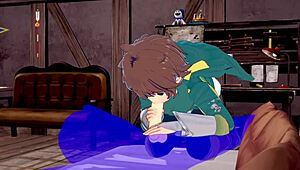 In Konosuba yaoi, Kazuma gets blowjob ending with cum in mouth