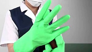 handjob magic with slick latex gloves on display