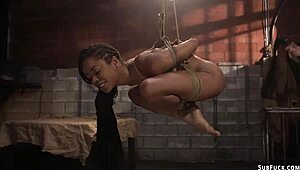 Bound Slim Ebony Woman Whipped and Deepthroated in BDSM Session