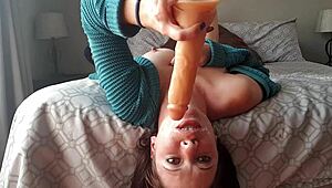 Upside down dildo gag deepthroat with sloppy rough gagging and choking