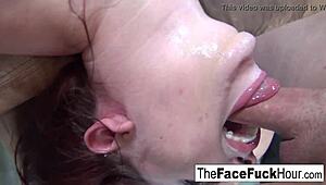 Blue-eyed girl deepthroats cock for rough cumshot