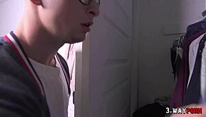 Cute babe pinned by two bisexual dudes in 3-way.