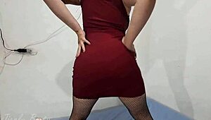 Pov bubble butt amateur in red dress and fishnet stockings gets hardcore doggystyle