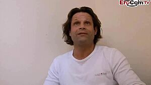 Hey, silly German brunette teen with natural tits tries first amateur casting!