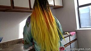 Nilou Achtland, the sexy Moroccan Arab, uses a dildo in the kitchen while in cosplay dress.