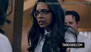 Nerdy coed Casey Calvert gets stepbrother to bang friend Vienna Black. Taboo threesome unfolds!