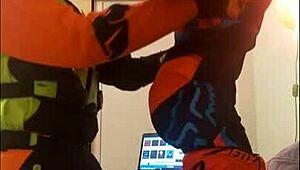 Watch this gay motocross blowjob in fetish costumes?