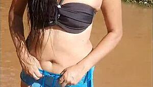 Latina prostitute enjoys double penetration and anal toys in the river