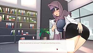 Boss in hijab shows dripping pussy in hentai game
