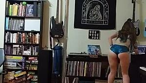 Blonde Milf Strips in Black Skirt and Heels