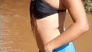 Latina prostitute enjoys double penetration and anal toys in the river