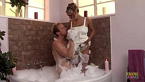 Wife in white dress sucks cock and bangs hard in bathroom.