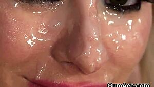 Wow, this wacky beauty takes a huge sperm load on her face and eats it all!