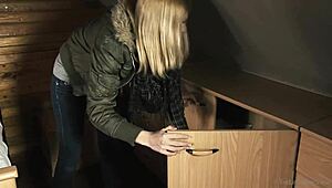 Blonde pornstar Delphine fingers her small tits while masturbating