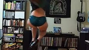 Blonde Milf Strips in Black Skirt and Heels