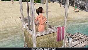 cute girl poses sexy on beach, showers.