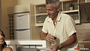 super slutty wife vicky love rides her husband's best friend in cowgirl, her natural tits bouncing.