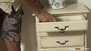 super slutty wife vicky love rides her husband's best friend in cowgirl, her natural tits bouncing.