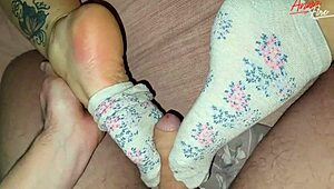 Cum on white socks after footjob and hot fuck