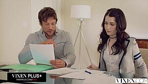 Hot student bends over and fucks teacher passionately. She licks balls and swallows cum in mouth!