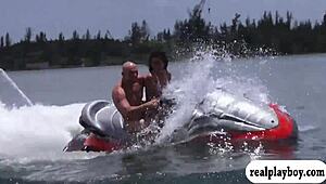 pretty coeds feel intense pleasure in outdoor foursome on speedboat