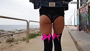 public masturbation leads to intense squirt on the beach