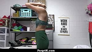 Maya Woulfe gets caught fucking her coworker in the shop security room, bent over doggystyle.