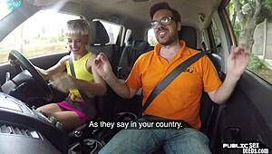 Skinny German gets naked and has sex with driving instructor in parking lot