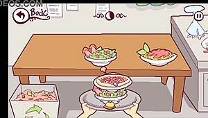 in futanari di funghi, kinky waitress puts cum on pizza