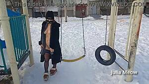 Winter Naked Stories of Outdoor Wife Flashing Shaved Pussy in Snow
