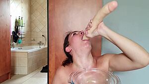 Gathering Saliva While Fucking Throat With Double-Ended Dildo