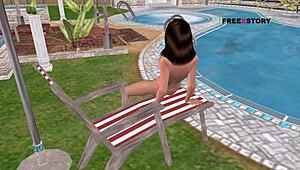 Cute girl uses bottle for self-pleasure by the pool