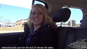 Holy crap! Barely 18 skinny blonde masturbates risky in public while driving!