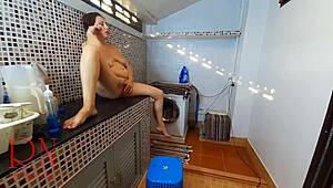 Nudist housekeeper Regina Noir gets naughty masturbating in the laundry room naked