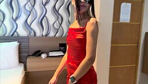 skinny old putinha in red dress with two