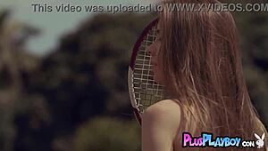 Small tits european brunette teen kate chromia undresses and poses on the tennis court