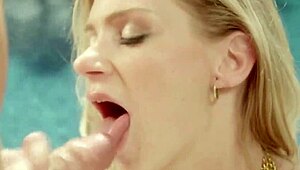 Blonde and brunette provide erotic blowjob with handjob leading to cumshot and swallow