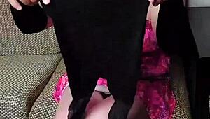 Sexy sissy crossdresser in pink pants and dress shows off big white ass.