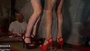 Nervous blonde gives oral and squirts in strip club