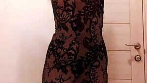 Milf in Dress Sucks Dildo and Fingers Wet Pussy in Restroom