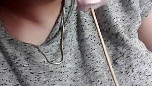 Blonde girl with big tits masturbates, moaning as she cums