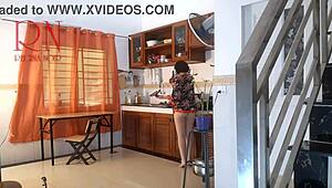 Housewife in pantyhose gets naked in the kitchen and cums hard while cooking 😋