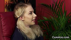 Randy model swallows cum load in intense blowbang facial