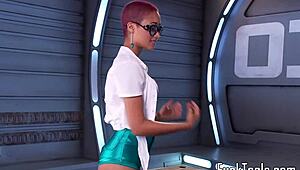 pink hair ebony babe toys shaved pussy with dildo in doggystyle insertion