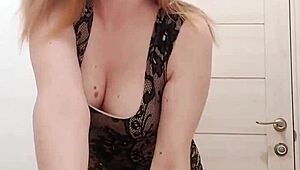 Milf in Dress Sucks Dildo and Fingers Wet Pussy in Restroom