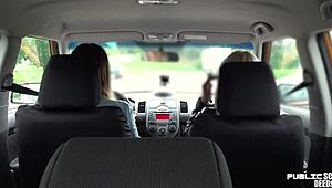 Euro lesbians lick pussy while driving with teacher